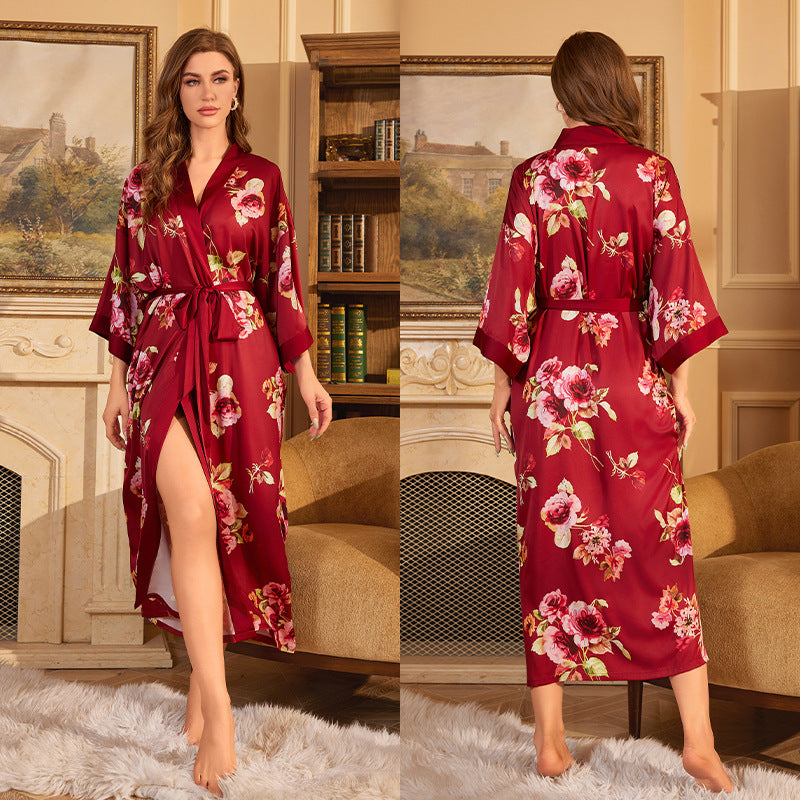 Elegant Women's Red Satin Lace-Up Morning Gown – Luxury Sleepwear Set