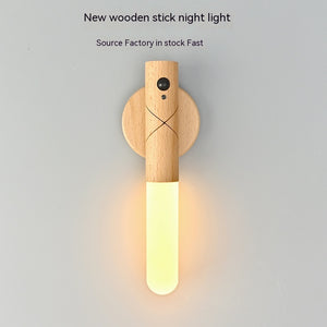 Wooden Wall Light with Motion Sensor – USB Rechargeable Indoor Night Lamp