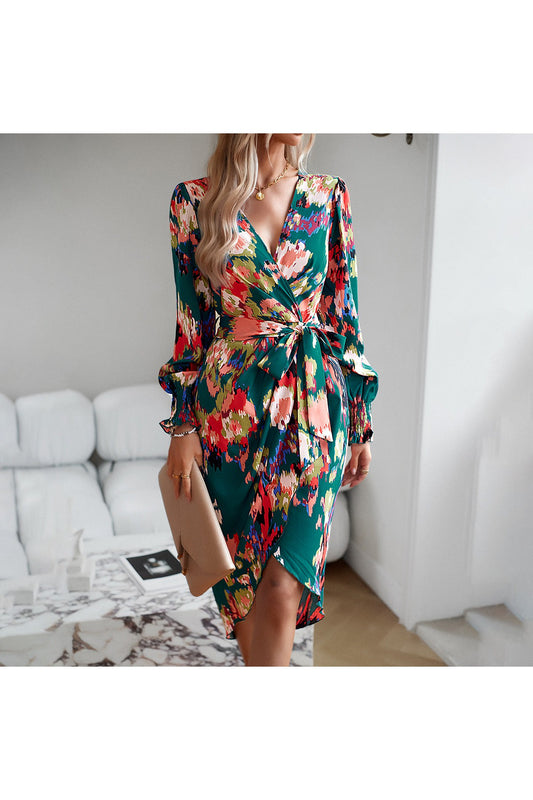 Chic V-Neck Floral Printed Dress - Elegant and Sophisticated for Any Occasion