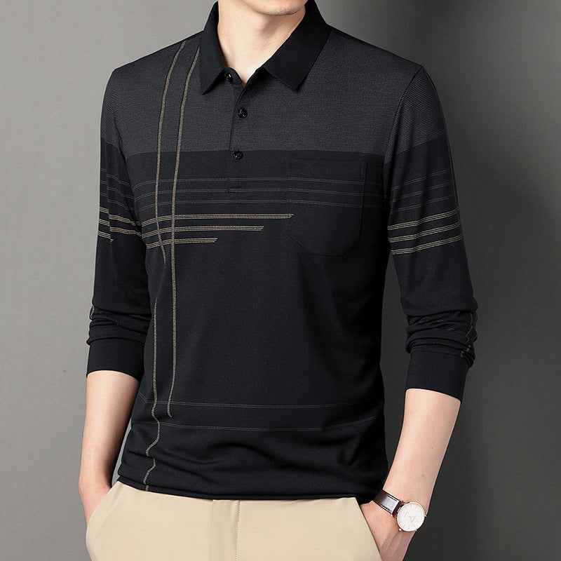 Men's Striped Lapel T-shirt: Long Sleeve Casual Comfort