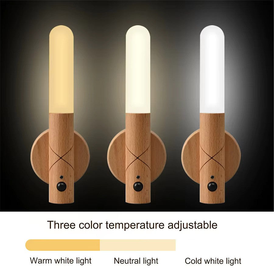 Wooden Wall Light with Motion Sensor – USB Rechargeable Indoor Night Lamp