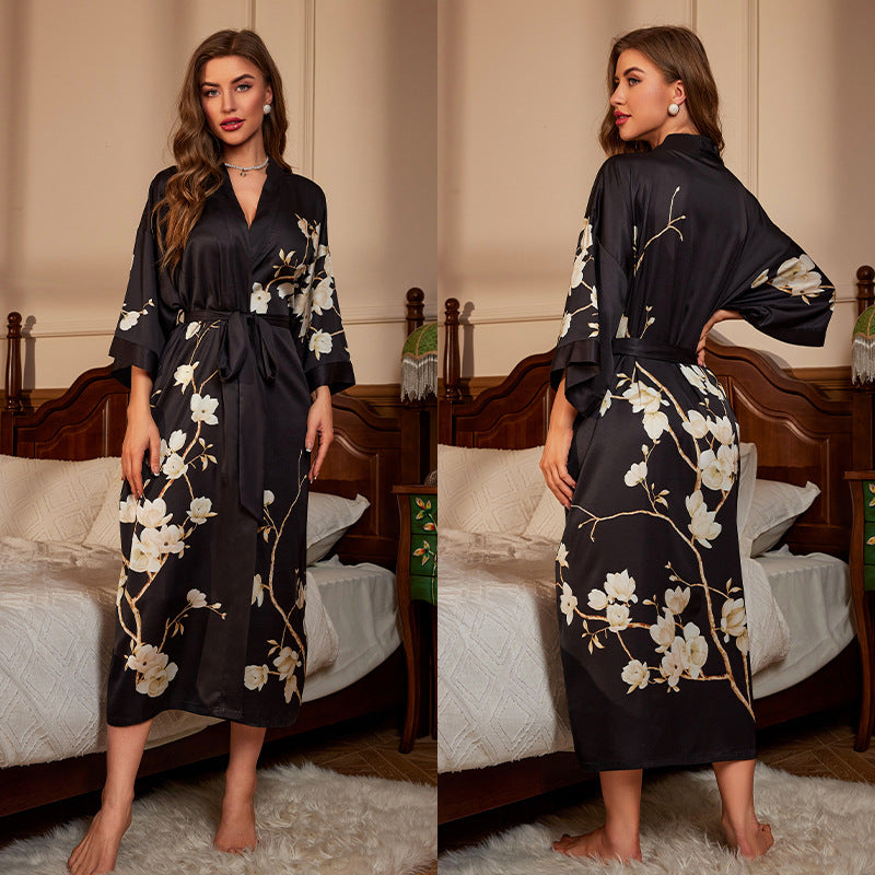 Red Satin Lace-Up Luxury Morning Gown: Elegant Women's Sleepwear and Bathrobe Set