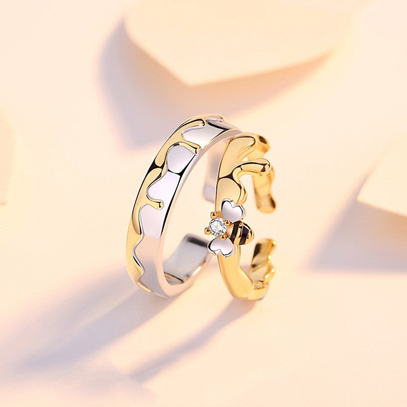 S925 Sterling Silver Bee Couple Rings: Color Separation Pair Rings