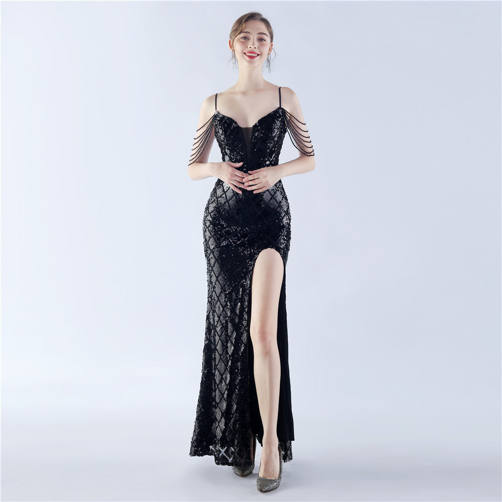 High-End Open Back Sequin Beaded Evening Dress - Waist-Tight Ratchet Tie Down - Magic Color Craft for Weddings, Bridesmaids, Parties